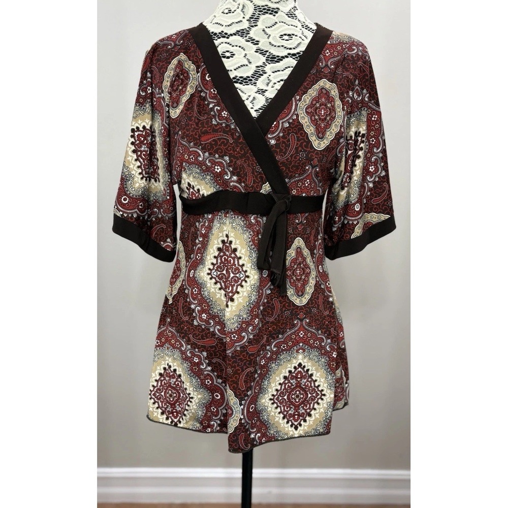 Vintage Y2K Babydoll Top Womens Medium Burgundy Cottagecore Tie V Neck Retro